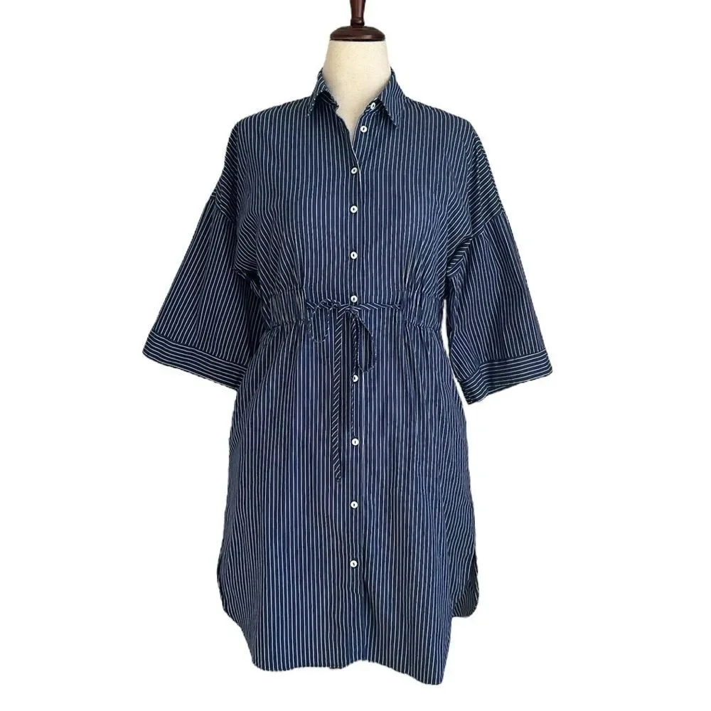 Zara Blue & White Striped Button Down Shirt Dress Side Pockets EUC Size S
